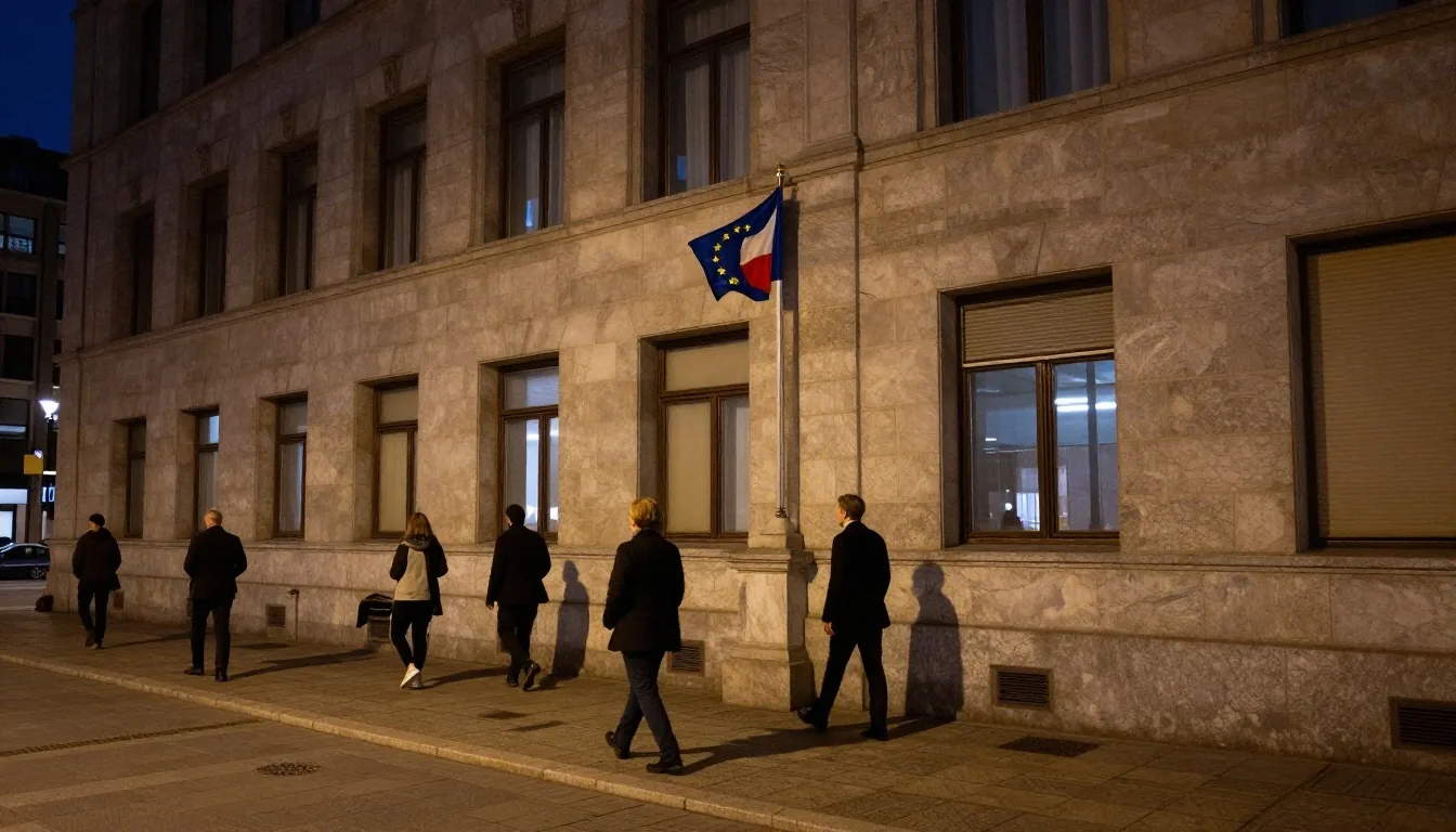 Banderas frente a un edificio institucional europeo