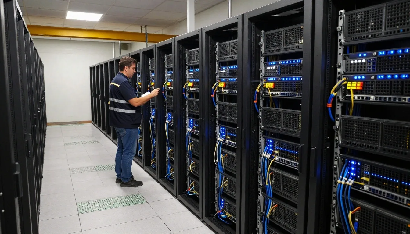 Pasillo de un centro de datos con servidores