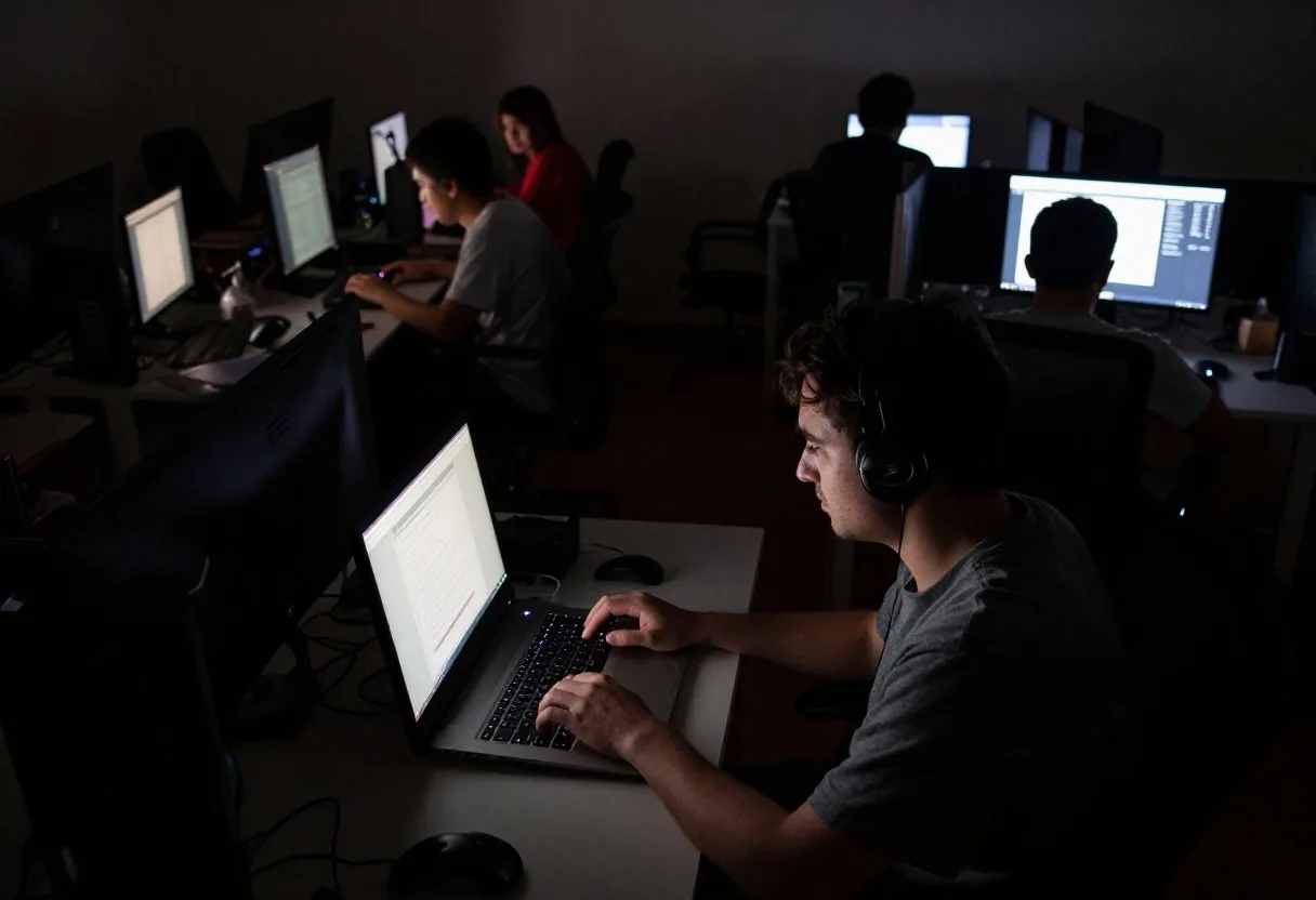 Redacción nocturna con una computadora portátil en uso