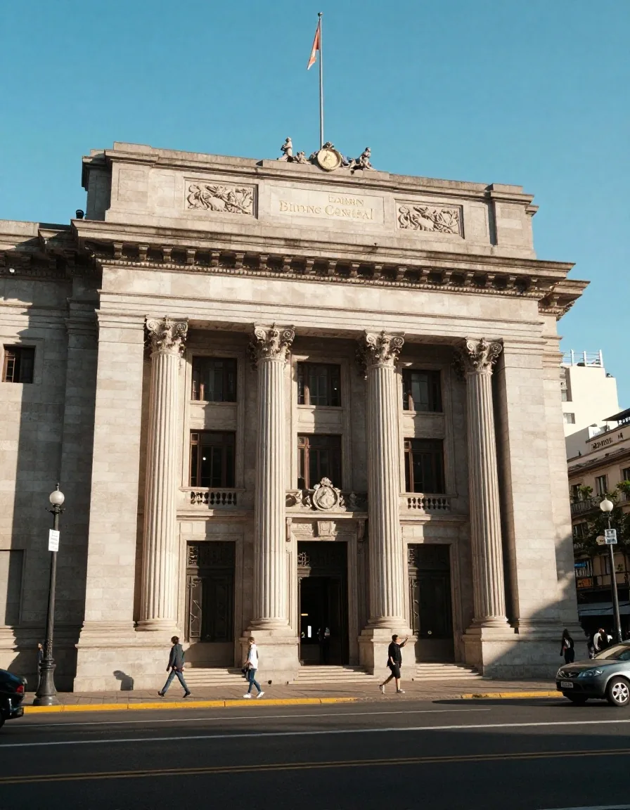 Fachada del Banco Central en Buenos Aires al atardecer