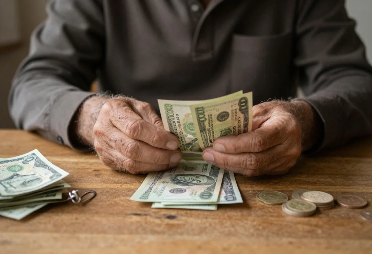Manos contando billetes junto a bolsas de compras en una cocina