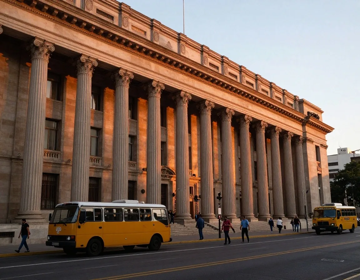 Fachada del Banco Central en Buenos Aires al atardecer