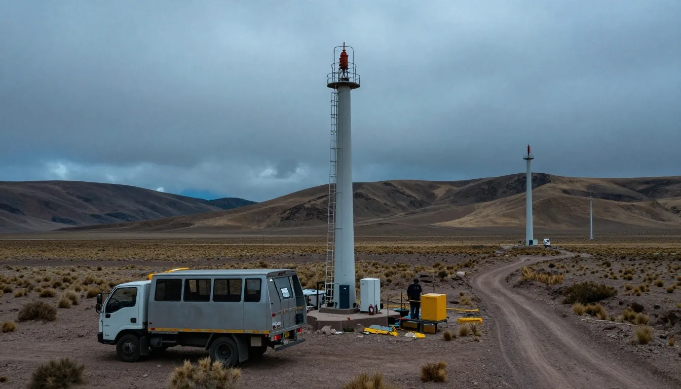 Aerogeneradores en la meseta patagónica con equipo de mantenimiento