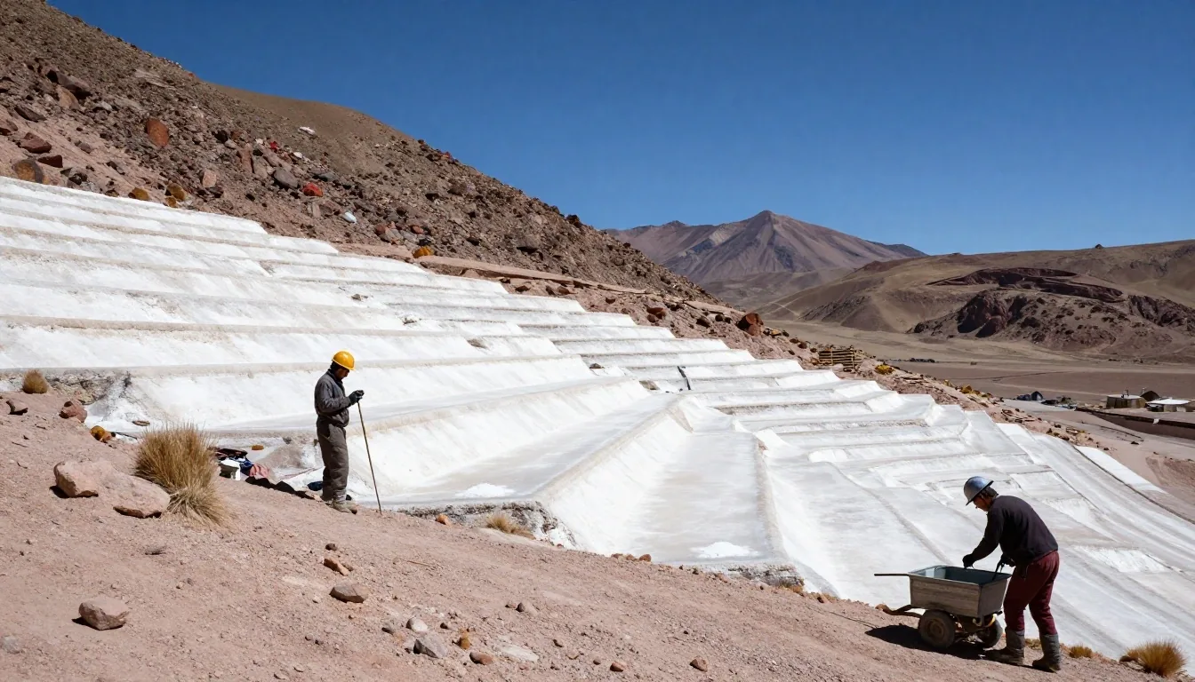 Piletas de evaporación de litio en la Puna argentina con la cordillera al fondo