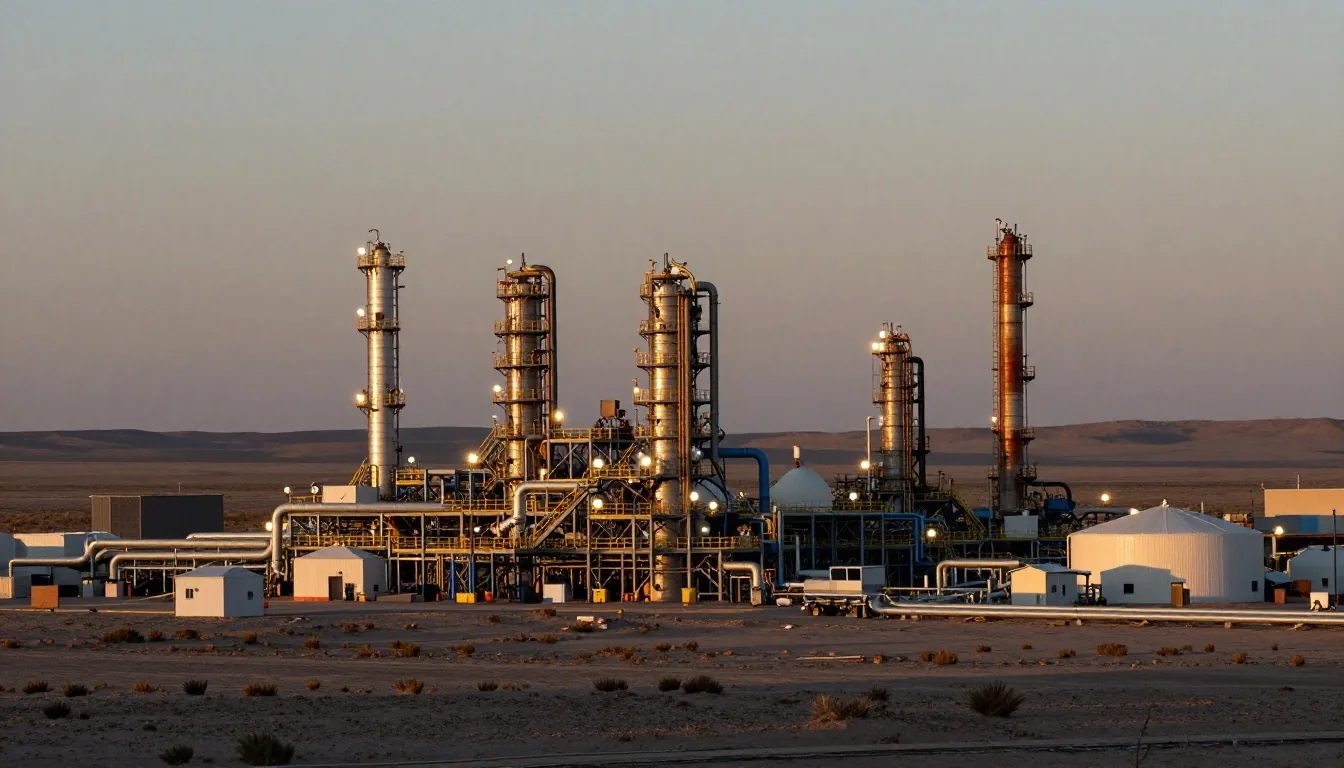 Planta de procesamiento de gas y subestación eléctrica en la estepa patagónica al atardecer