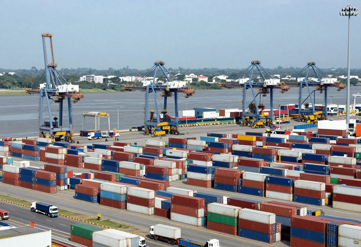 Terminal de contenedores en el puerto de Buenos Aires con grúas y camiones