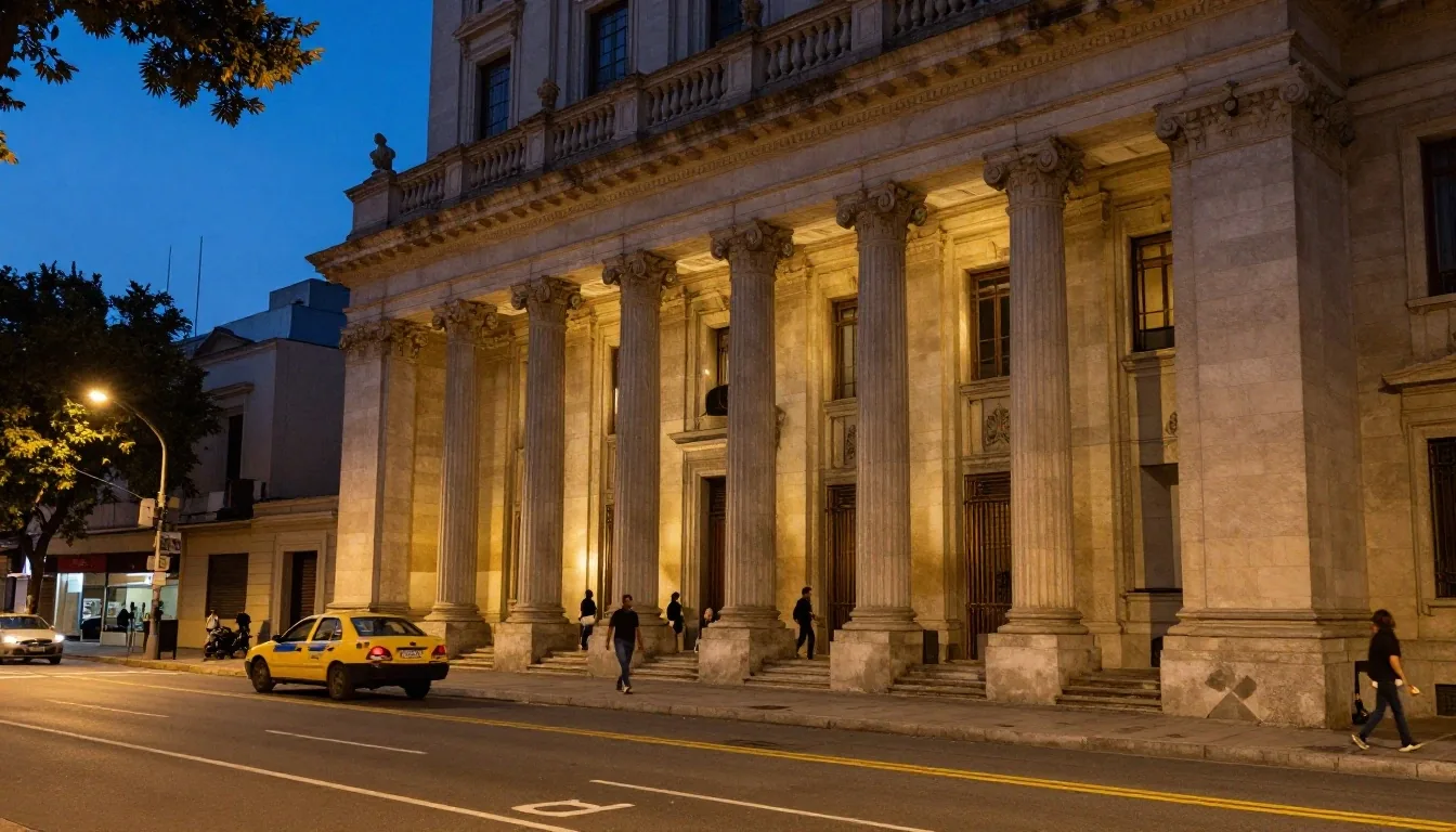 Fachada del Banco Central en Buenos Aires al atardecer