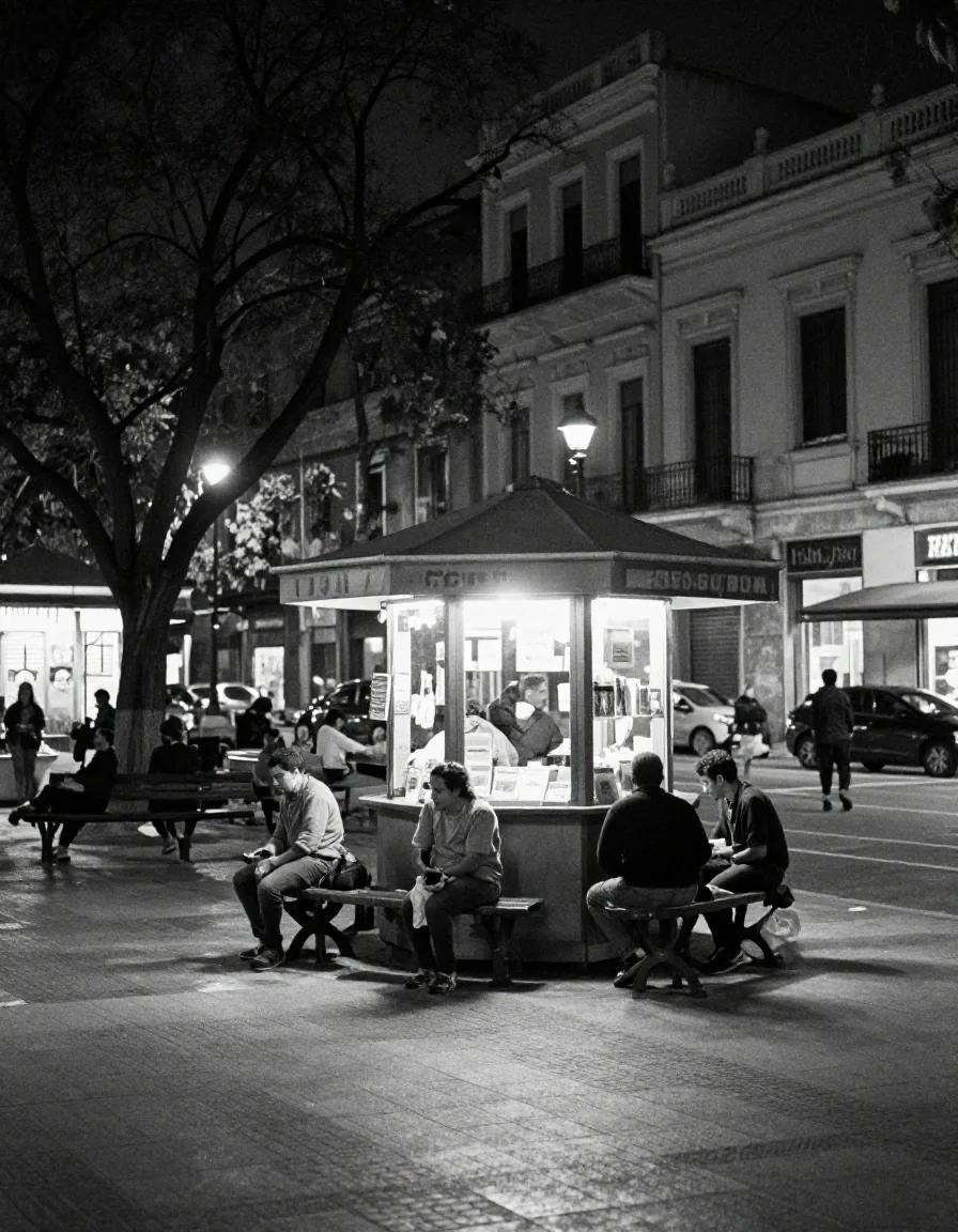 Calle de Buenos Aires al atardecer con vecinos y comercios iluminados