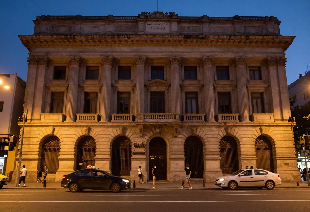 Fachada del Banco Central en Buenos Aires al anochecer