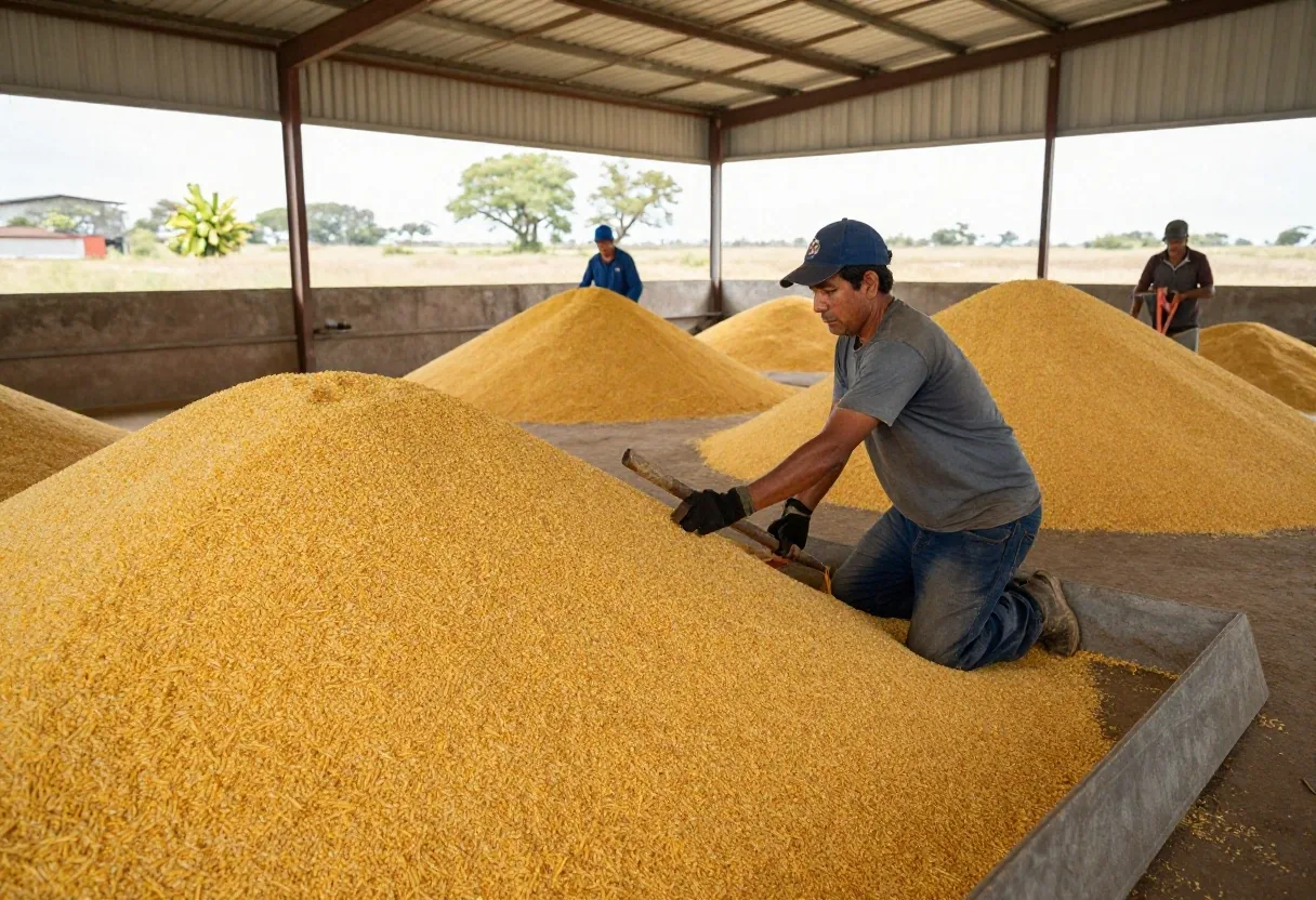 Fila de camiones con maíz en plena cosecha en la Pampa argentina