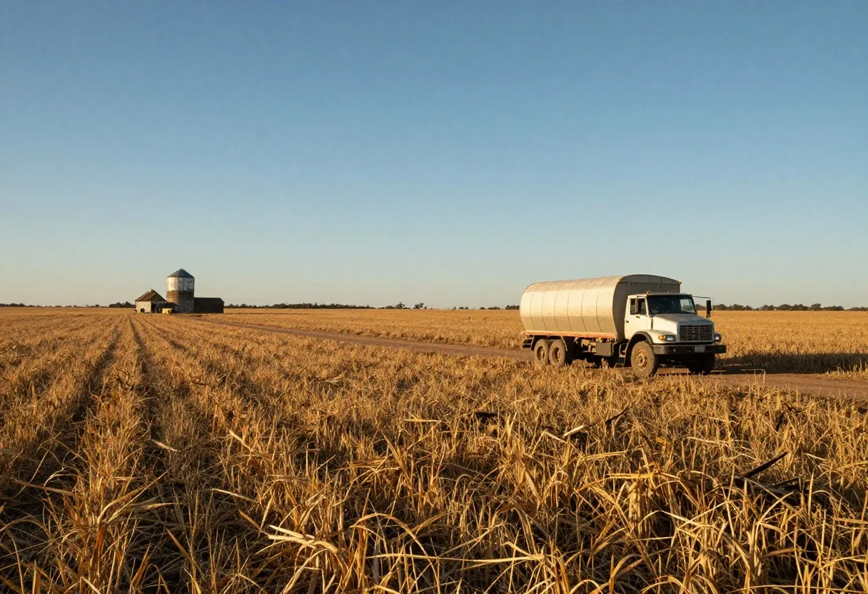 Campos de soja en cosecha con camiones en la pampa
