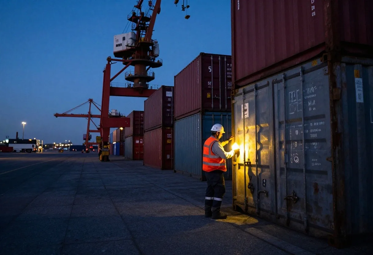 Terminal de contenedores en el puerto de Buenos Aires al atardecer
