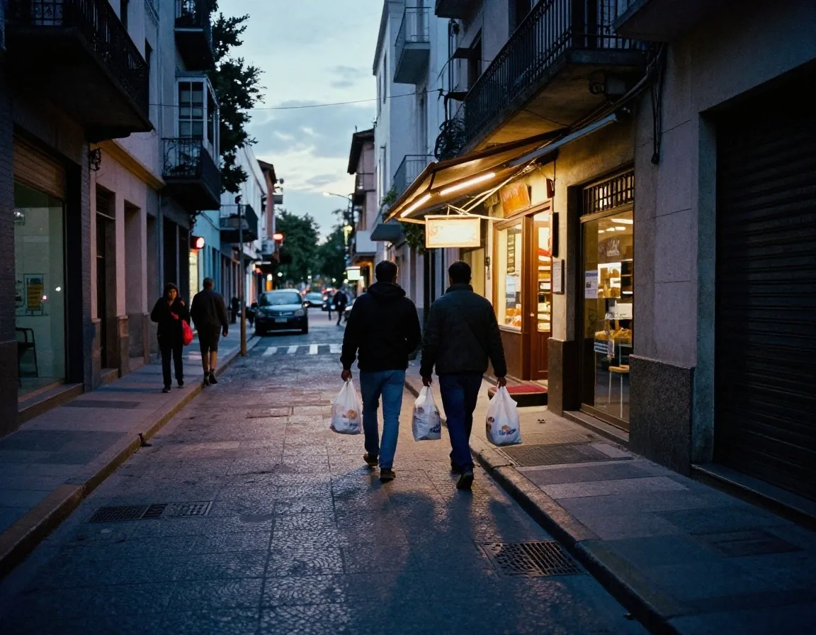 Vidriera de comercio barrial en Buenos Aires al atardecer