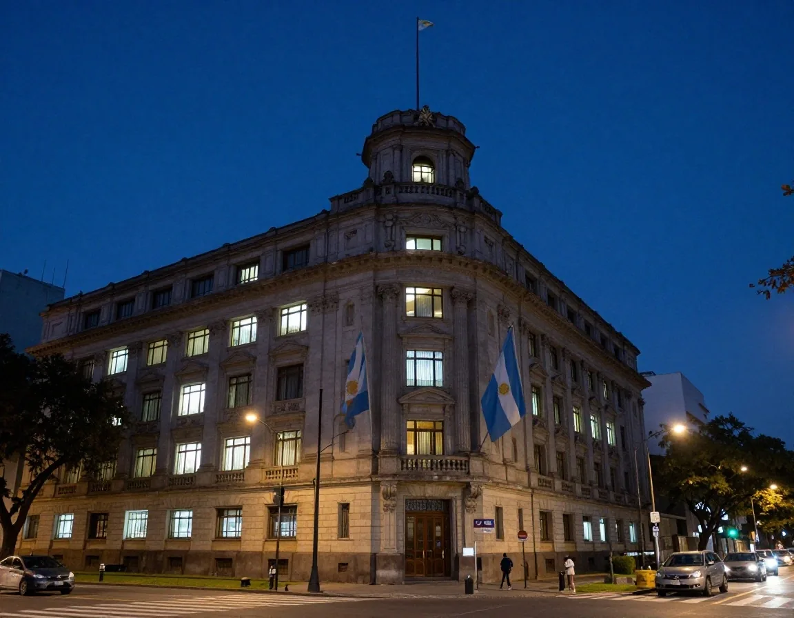 Fachada del Banco Central en Buenos Aires al atardecer