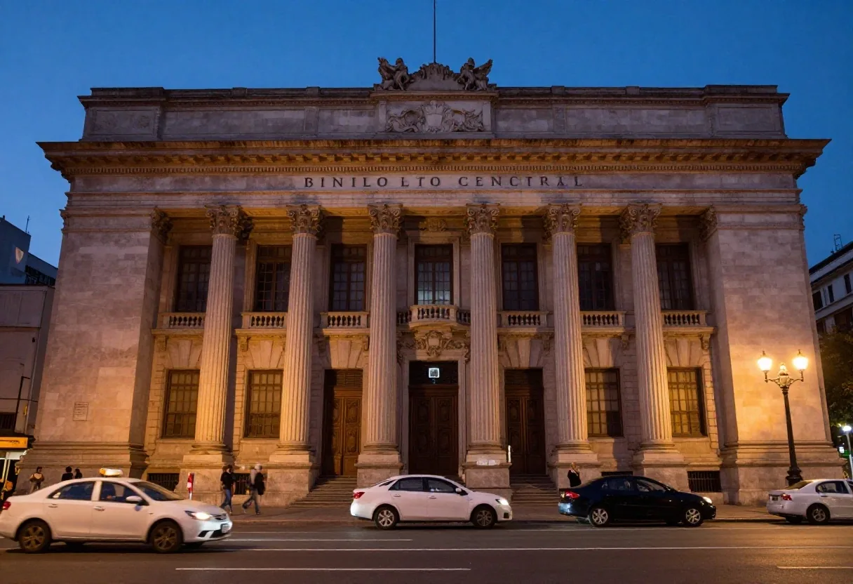 Fachada del Banco Central en Buenos Aires al atardecer
