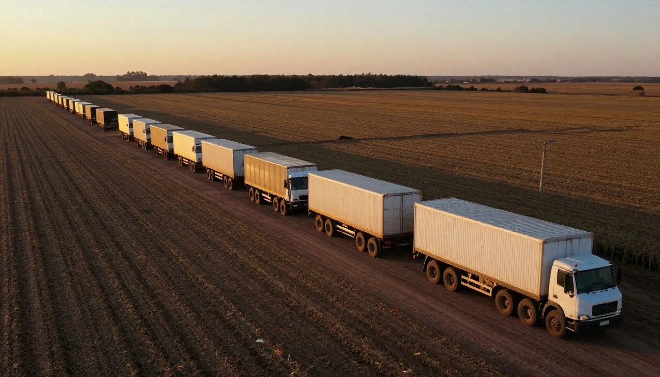 Cosecha de soja en la pampa con fila de camiones junto a un acopio