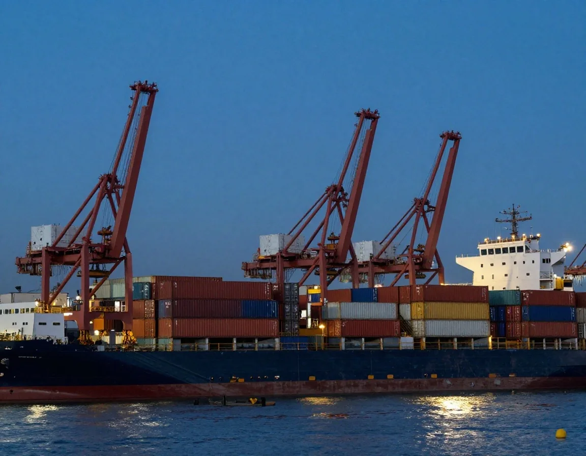 Terminal de contenedores en el puerto de Buenos Aires al atardecer