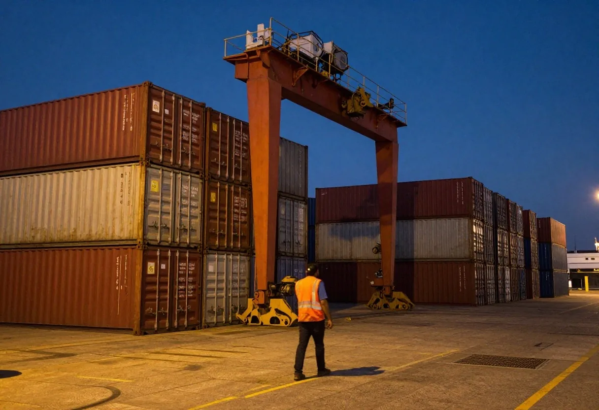 Terminal de contenedores en el puerto de Buenos Aires al atardecer