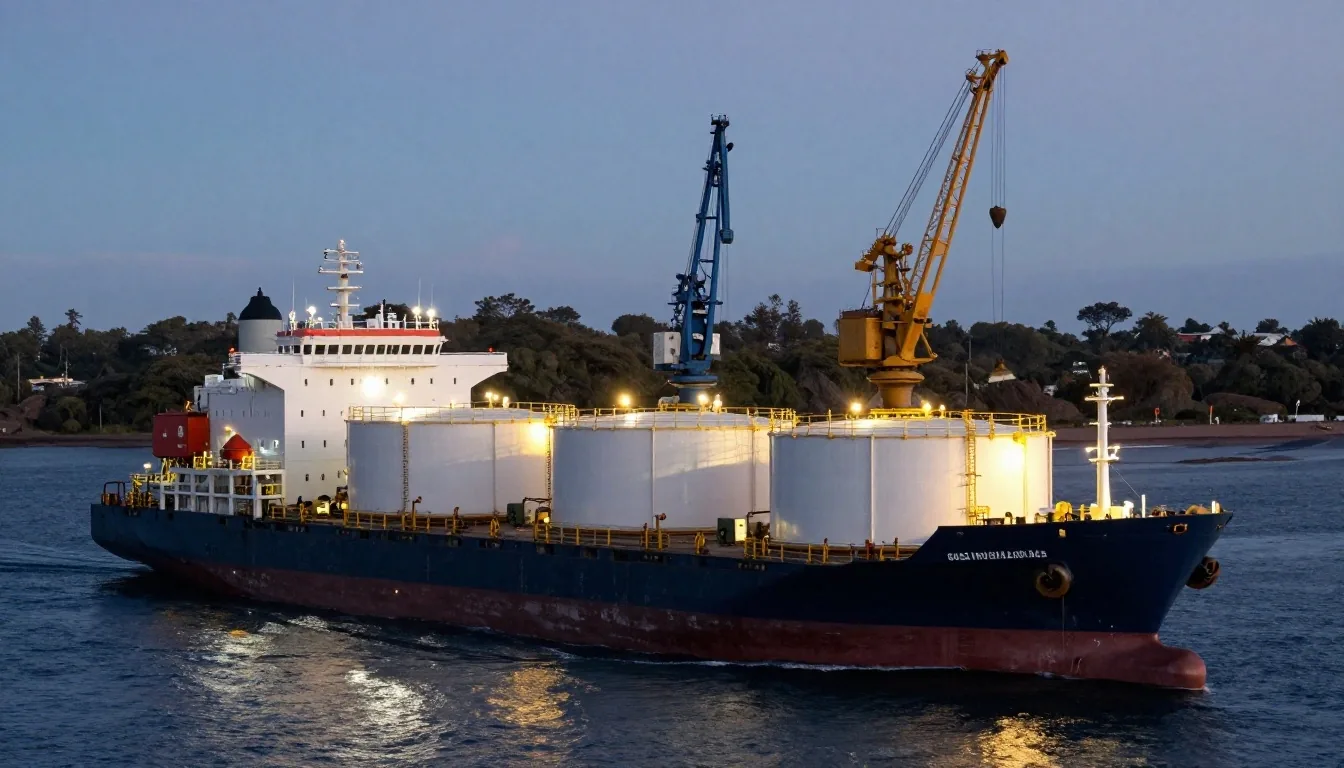Terminal de exportación de gas natural licuado en la costa argentina al atardecer
